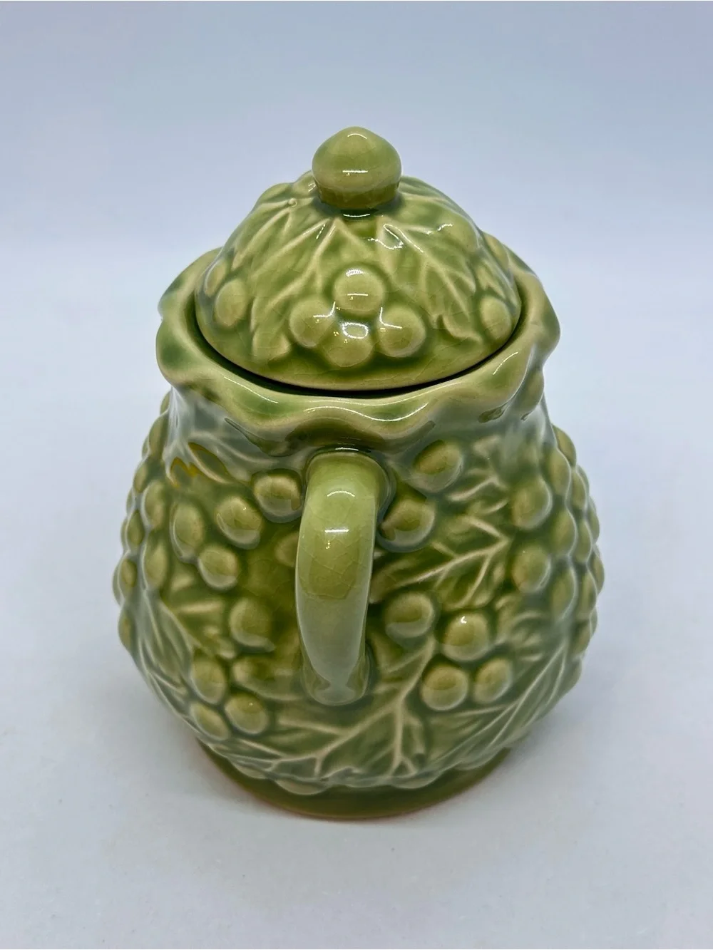 Vintage Green Grape Vine Ceramic Sugar Bowl with Lid and Creamer Set*Has Crazing